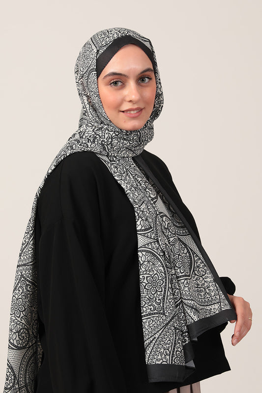 Pamuk İpek Şal - Sarmaşık Desen - Siyah Beyaz