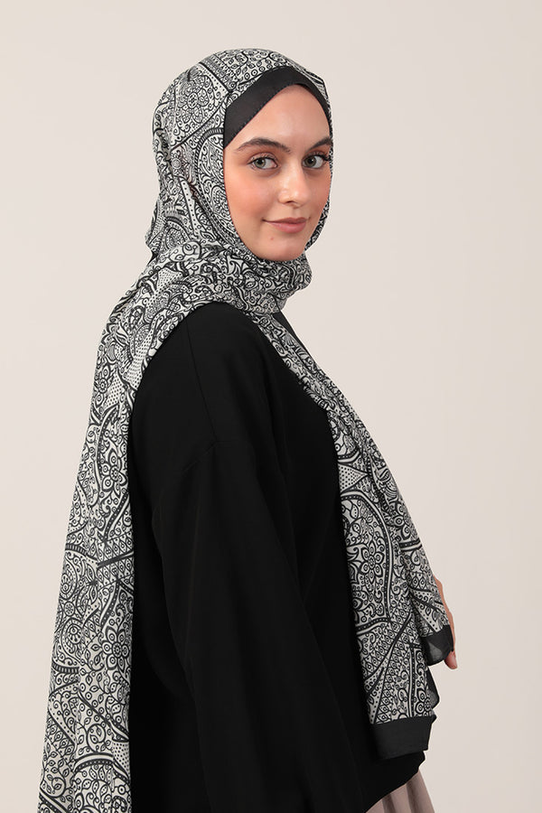 Pamuk İpek Şal - Sarmaşık Desen - Siyah Beyaz