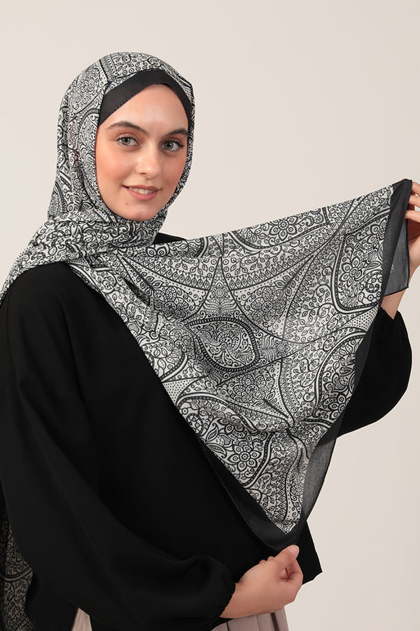 Pamuk İpek Şal - Sarmaşık Desen - Siyah Beyaz