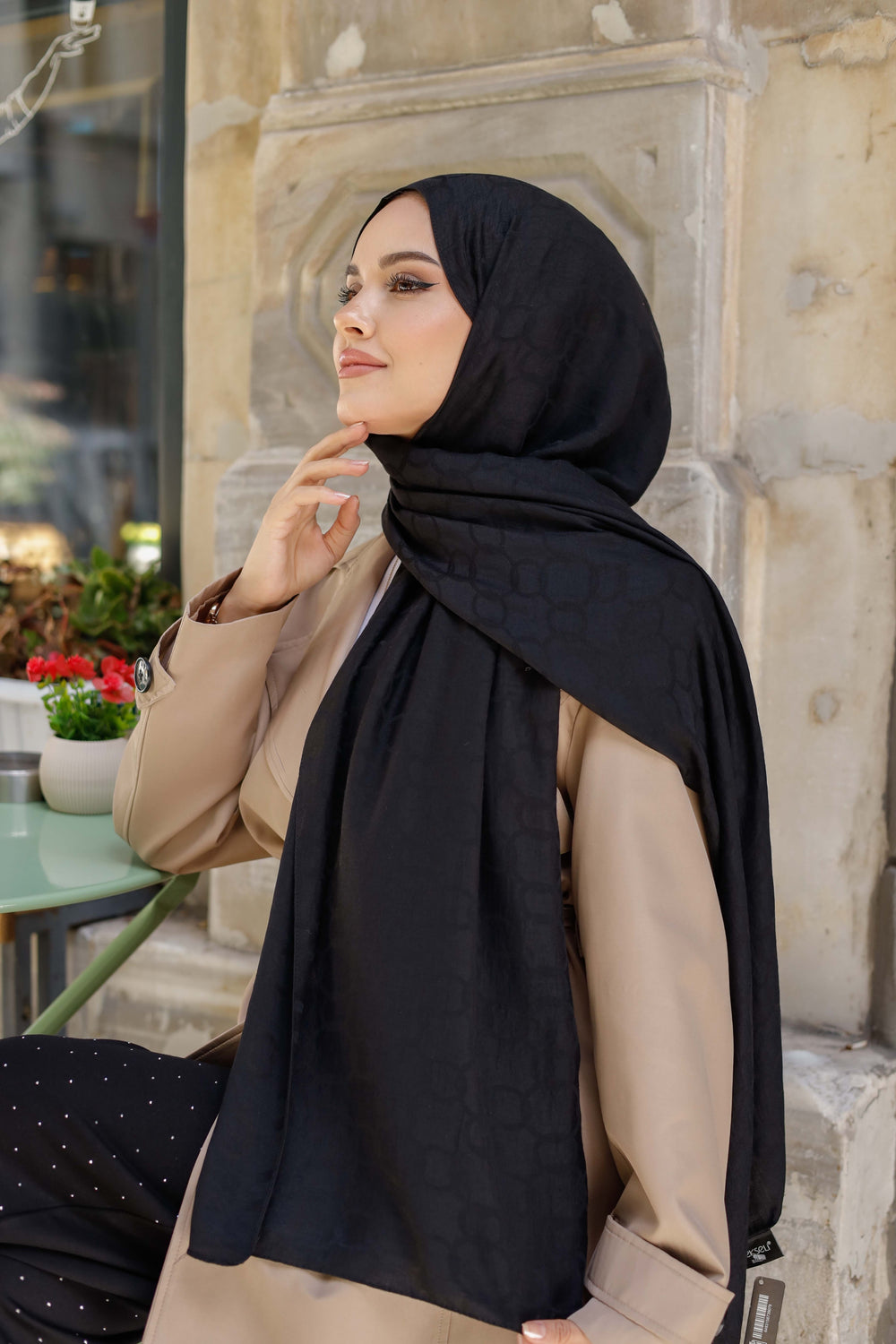 Soft Jakar Şal - Zincir Desen - Siyah