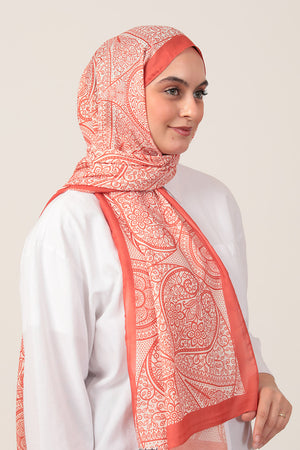Pamuk İpek Şal - Sarmaşık Desen - Turuncu