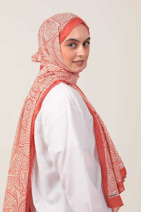 Pamuk İpek Şal - Sarmaşık Desen - Turuncu
