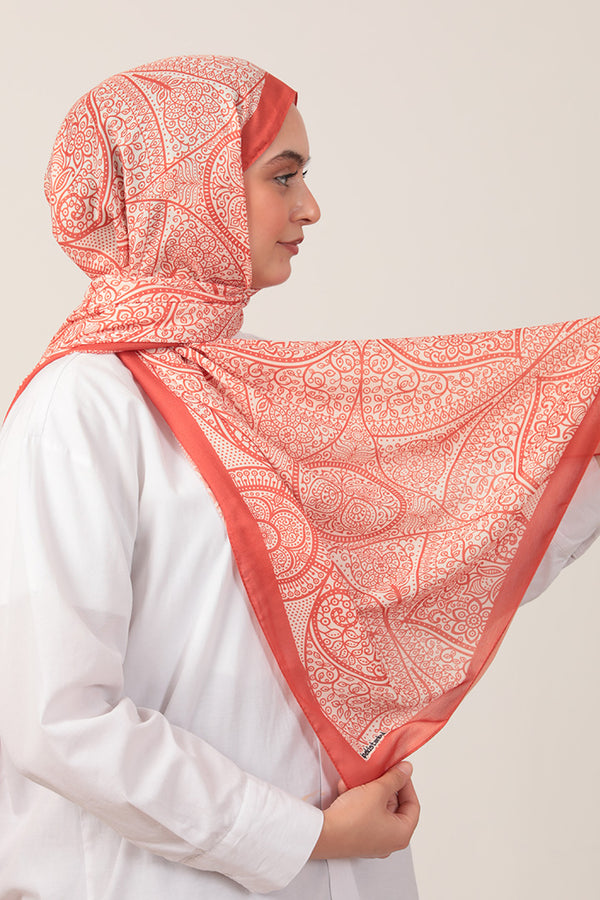 Pamuk İpek Şal - Sarmaşık Desen - Turuncu
