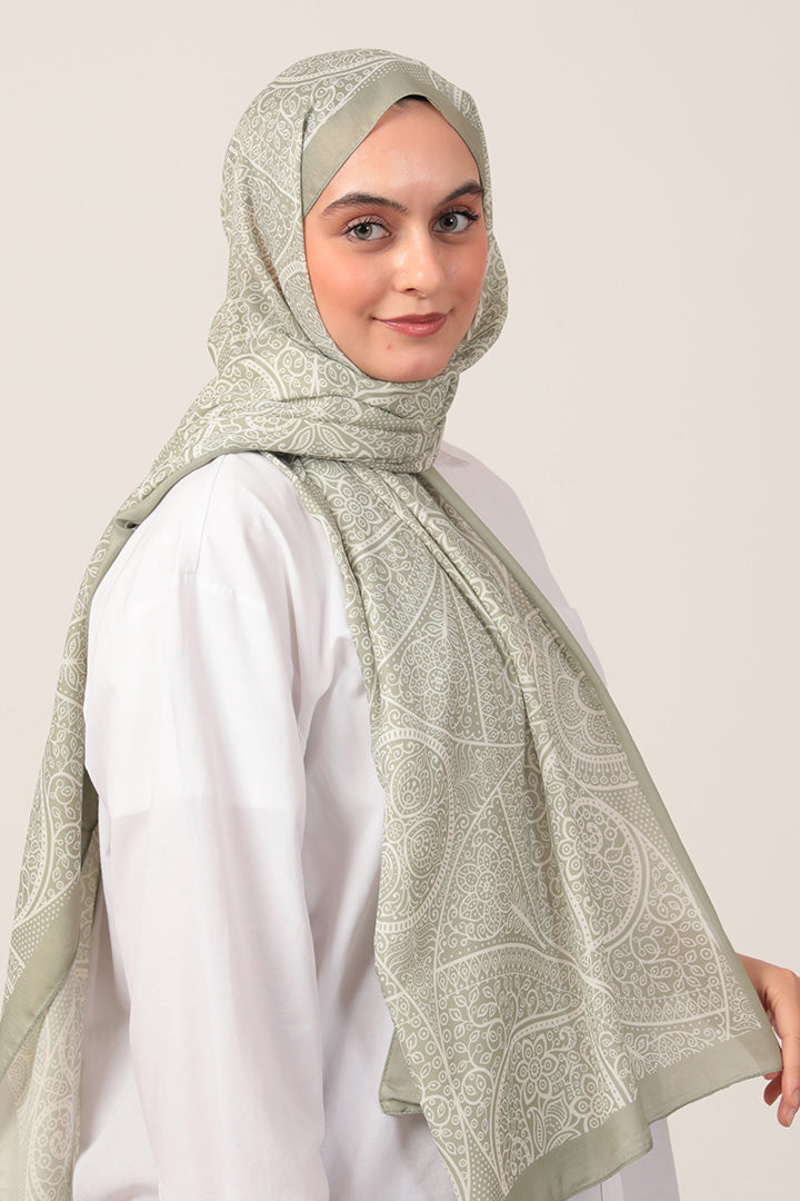 Pamuk İpek Şal - Sarmaşık Desen - Çağla Yeşili