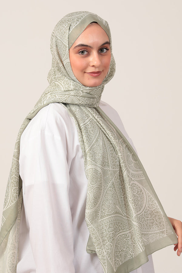 Pamuk İpek Şal - Sarmaşık Desen - Çağla Yeşili