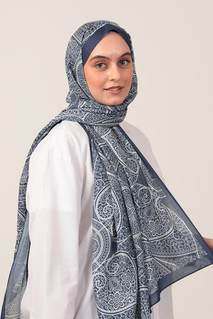 Pamuk İpek Şal - Sarmaşık Desen - Lacivert