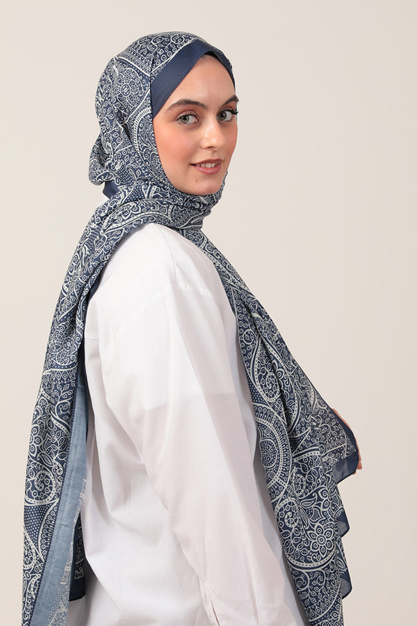 Pamuk İpek Şal - Sarmaşık Desen - Lacivert