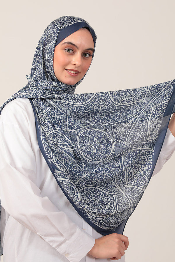 Pamuk İpek Şal - Sarmaşık Desen - Lacivert
