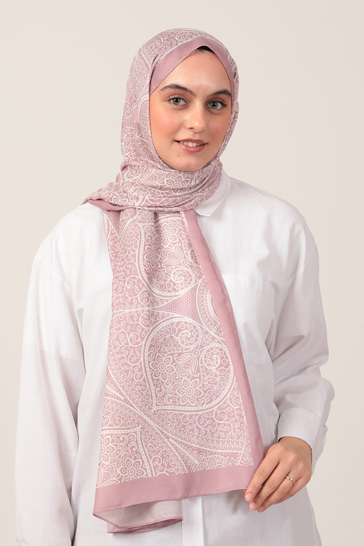 Pamuk İpek Şal - Sarmaşık Desen - Pembe