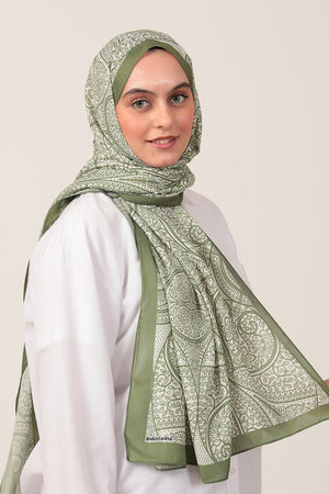 Pamuk İpek Şal - Sarmaşık Desen - Yeşil Ekru