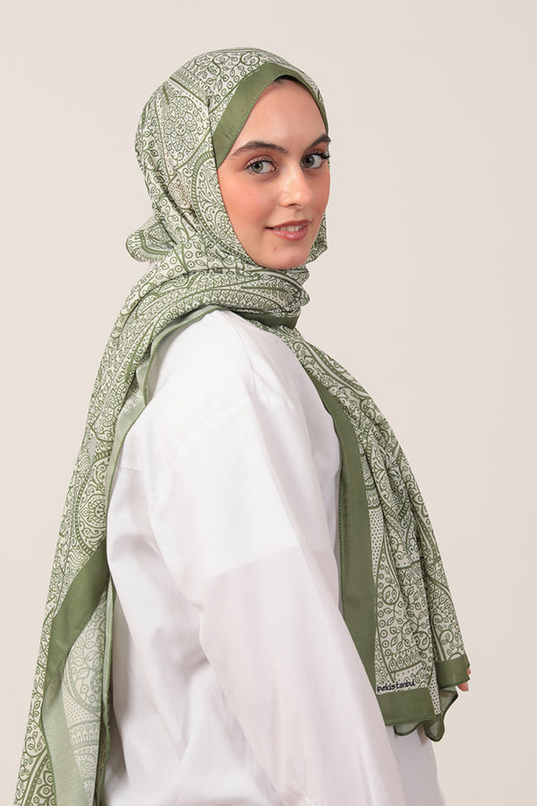 Pamuk İpek Şal - Sarmaşık Desen - Yeşil Ekru