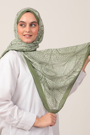 Pamuk İpek Şal - Sarmaşık Desen - Yeşil Ekru