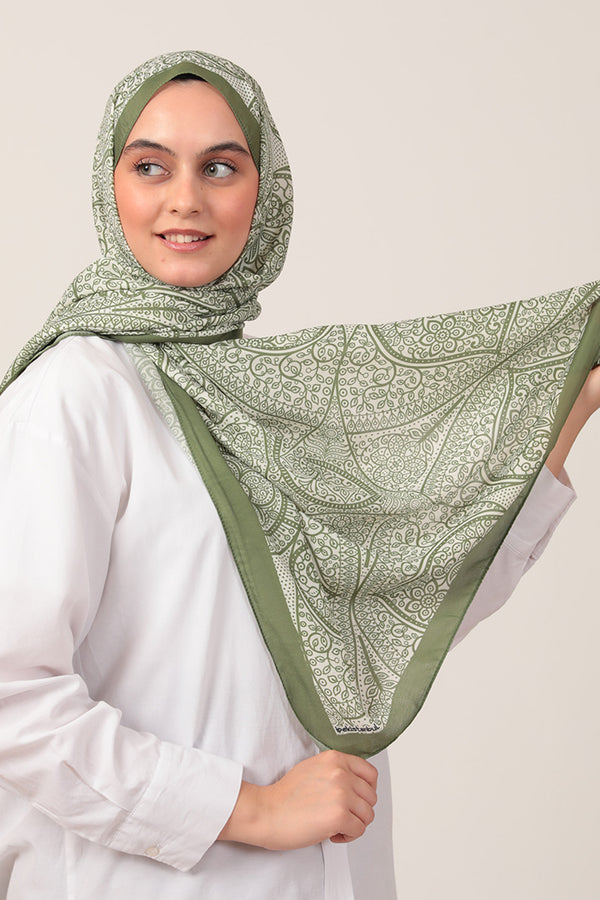 Pamuk İpek Şal - Sarmaşık Desen - Yeşil Ekru
