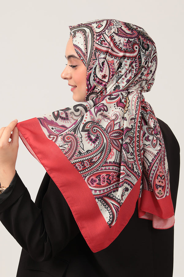 Pamuk İpek Şal - Etnik Desen - Kırmızı