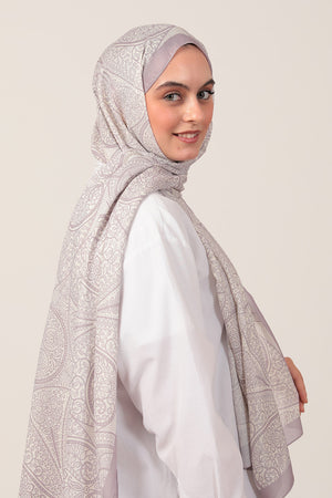 Pamuk İpek Şal - Sarmaşık Desen - Lila Ekru
