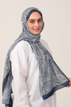 Pamuk İpek Şal - Sarmaşık Desen - Lacivert Ekru