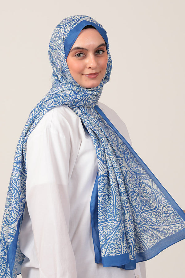 Pamuk İpek Şal - Sarmaşık Desen - Saks Mavisi