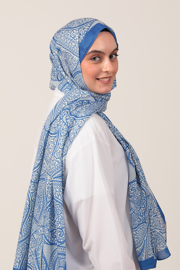 Pamuk İpek Şal - Sarmaşık Desen - Saks Mavisi