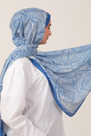 Pamuk İpek Şal - Sarmaşık Desen - Saks Mavisi