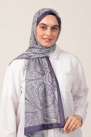 Pamuk İpek Şal - Sarmaşık Desen - Mor Ekru