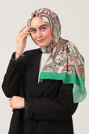 Pamuk İpek Şal - Etnik Desen - Yeşil