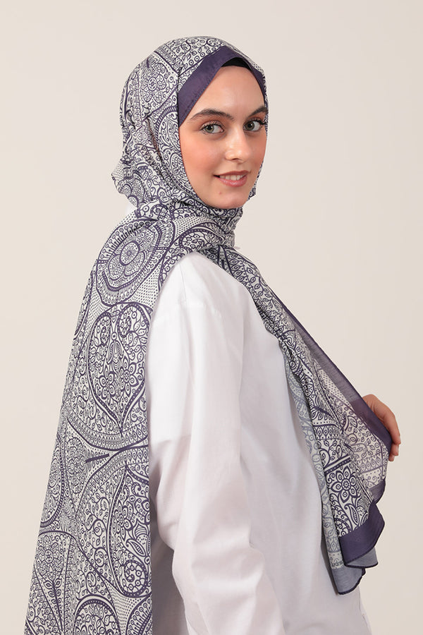 Pamuk İpek Şal - Sarmaşık Desen - Mor Ekru