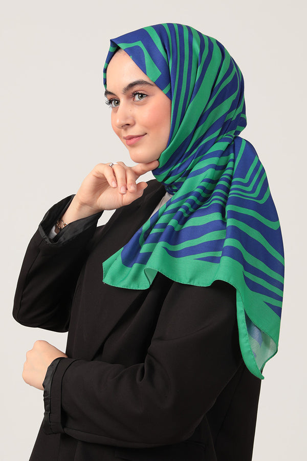 Pamuk İpek Şal - Çizgi Desen - Benetton Yeşili