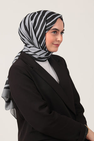 Pamuk İpek Şal - Çizgi Desen - Gri