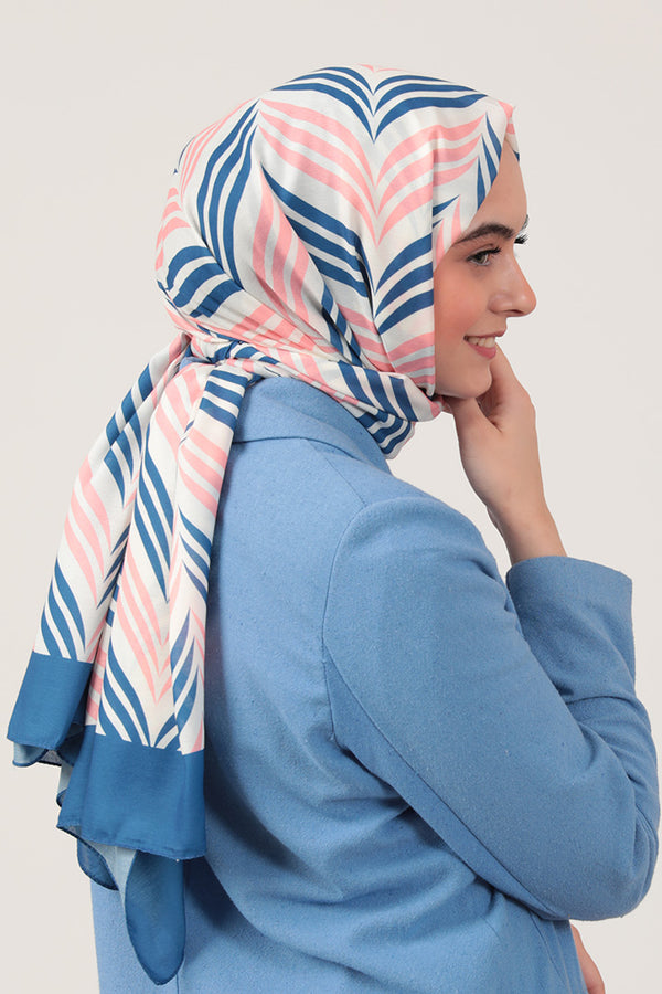 Pamuk İpek Şal - Başak Desen - Saks Mavisi