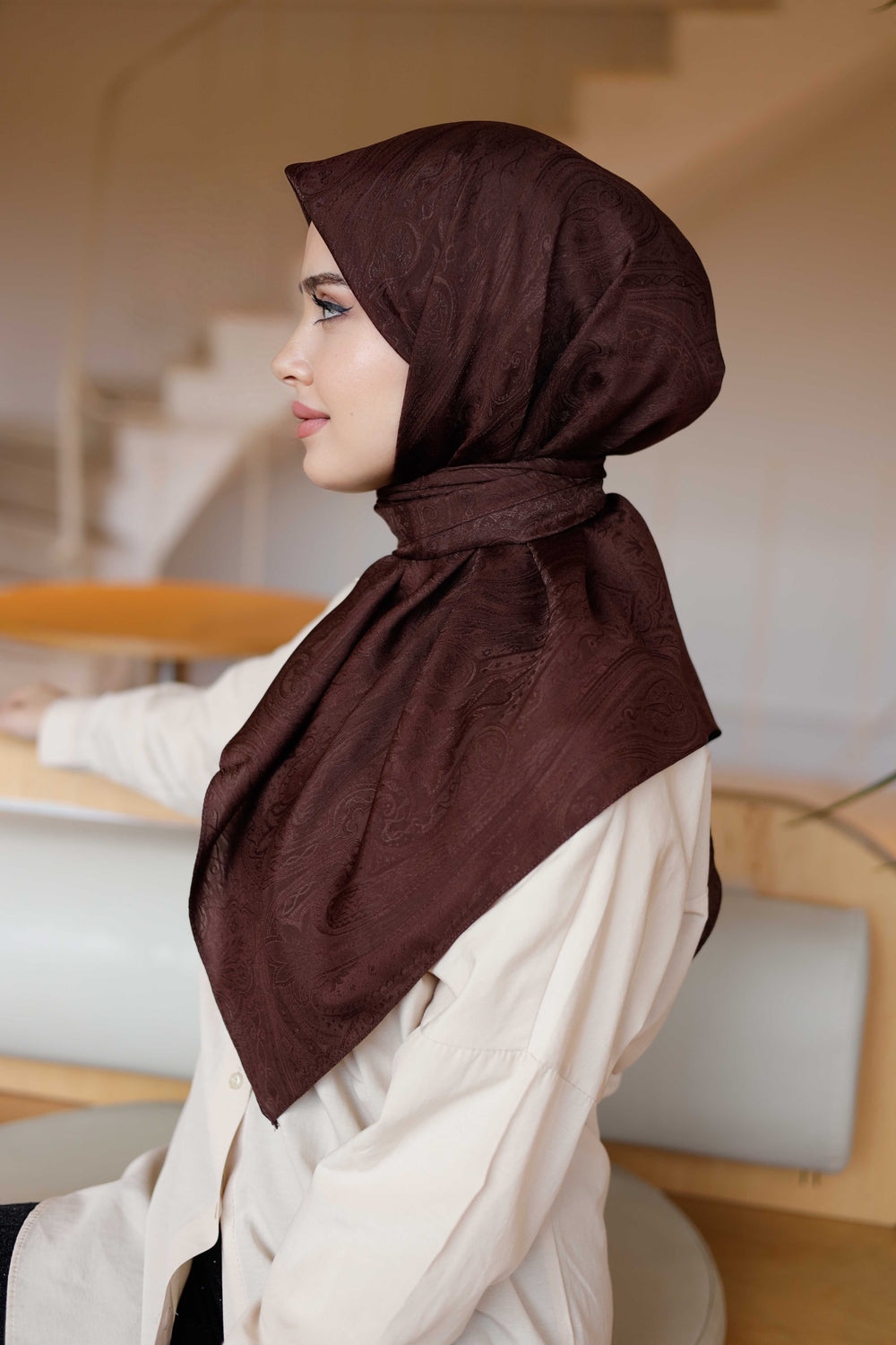 İpeksi Çift Taraflı Jakar Eşarp - Kahverengi