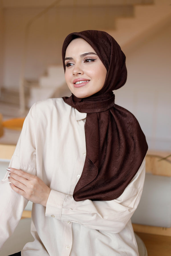 İpeksi Çift Taraflı Jakar Eşarp - Kahverengi