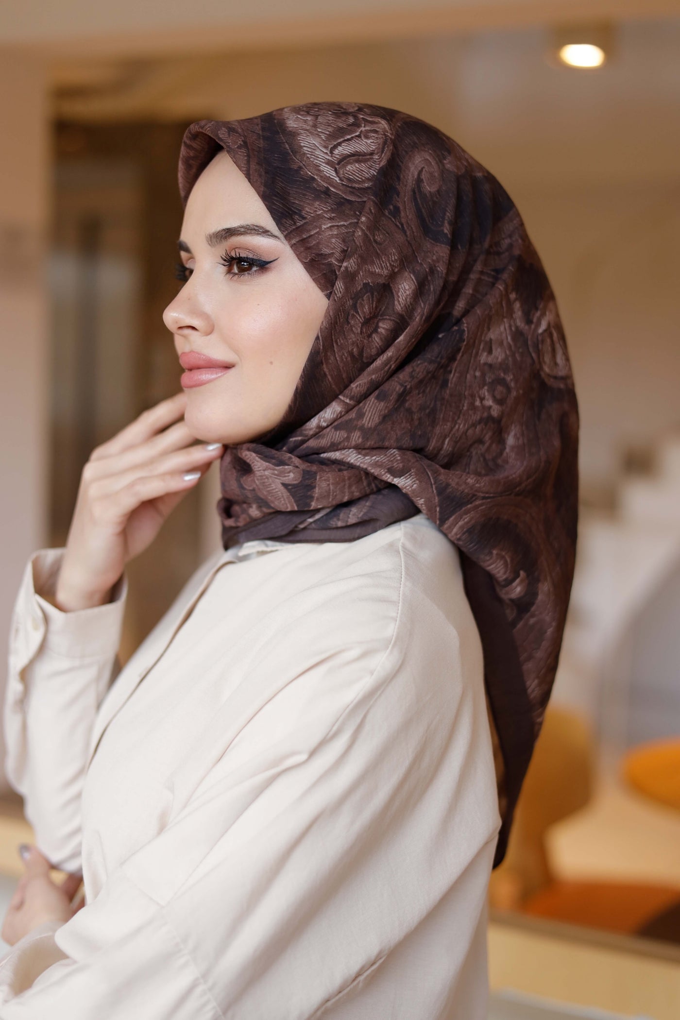 Tensel Eşarp - Etnik Desen - Koyu Kahve