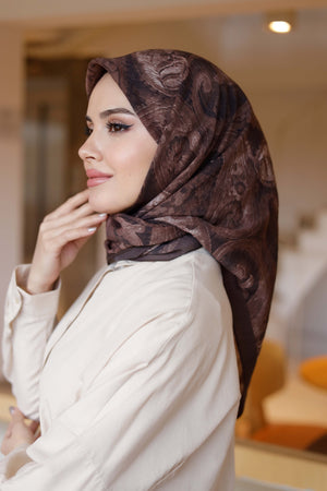 Tensel Eşarp - Etnik Desen - Koyu Kahve