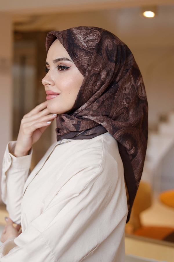 Tensel Eşarp - Etnik Desen - Koyu Kahve