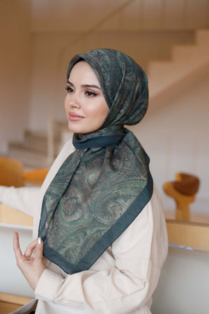 Tensel Eşarp - Etnik Desen - Koyu Yeşil