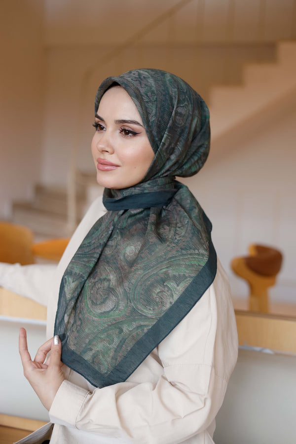 Tensel Eşarp - Etnik Desen - Koyu Yeşil