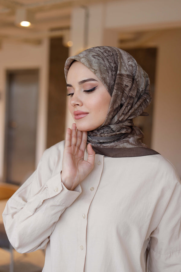 Tensel Eşarp - Etnik Desen - Koyu Vizon