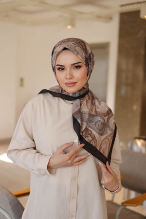 Tensel Eşarp - Etnik Desen - Siyah Krem