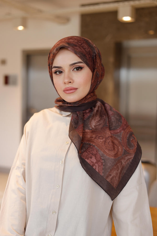 Tensel Eşarp - Etnik Desen - Bordo Kahve