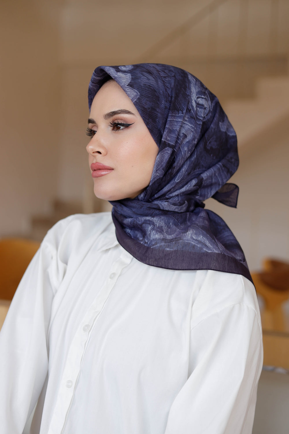 Tensel Eşarp - Etnik Desen - Koyu Lacivert