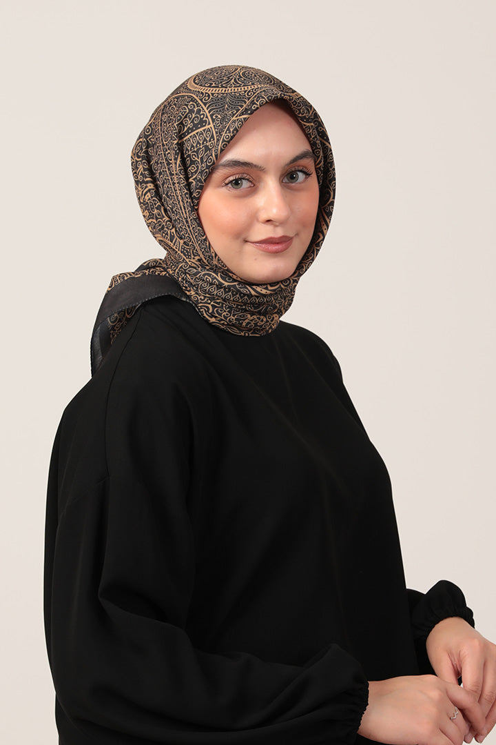 Pamuk İpek Eşarp - Sarmaşık Desen - Siyah Gold