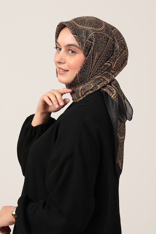 Pamuk İpek Eşarp - Sarmaşık Desen - Siyah Gold