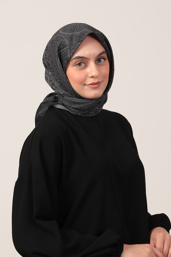 Pamuk İpek Eşarp - Sarmaşık Desen - Siyah Füme