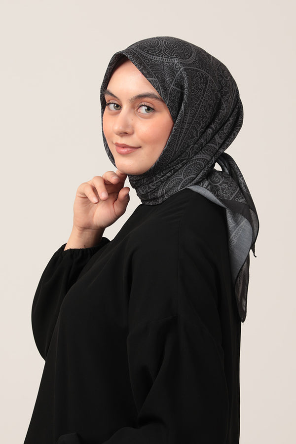 Pamuk İpek Eşarp - Sarmaşık Desen - Siyah Füme