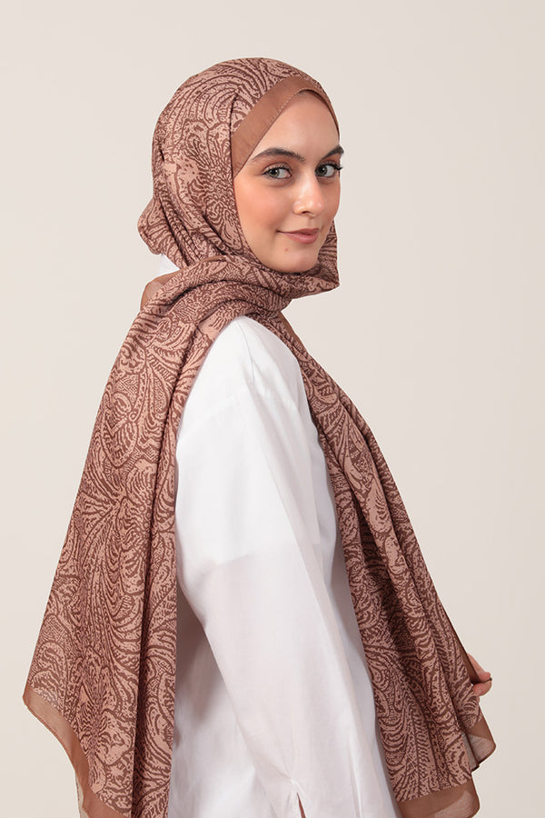 Pamuk İpek Şal - Lalezar Desen - Karamel