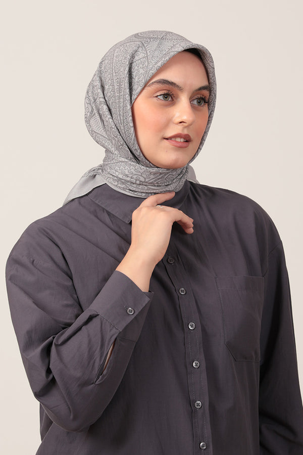 Pamuk İpek Eşarp - Sarmaşık Desen - Gri