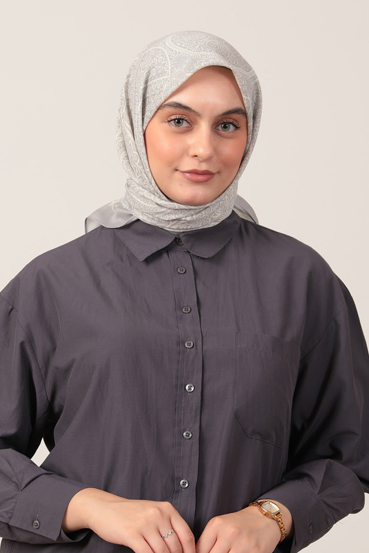 Pamuk İpek Eşarp - Sarmaşık Desen - Buz Beyazı