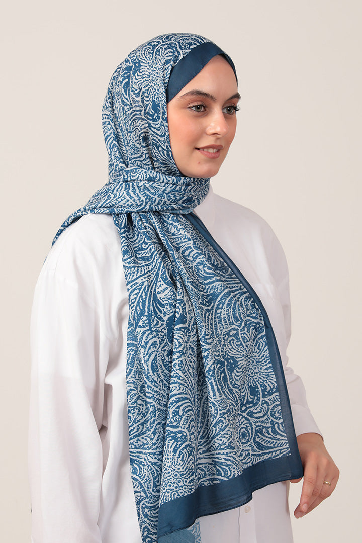 Pamuk İpek Şal - Lalezar Desen - İndigo