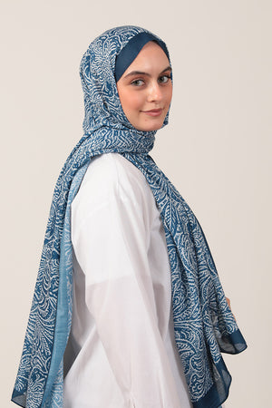 Pamuk İpek Şal - Lalezar Desen - İndigo