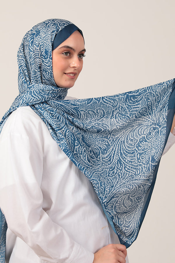 Pamuk İpek Şal - Lalezar Desen - İndigo